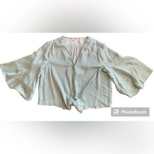 LC Lauren Conrad striped Vneck Boho beachey button down ruffle tie sleeves Med